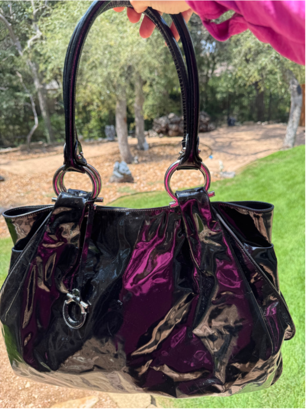 Salvatore Ferragamo Black Patent Leather Hobo Bag
